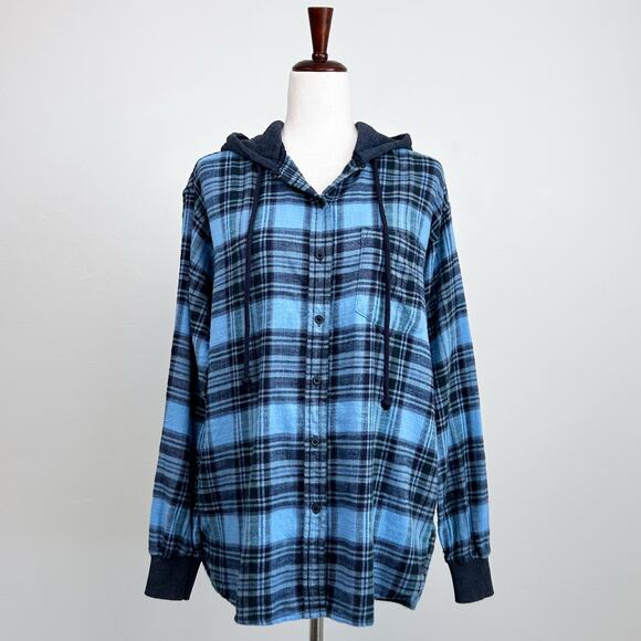 American Eagle Oversized Plaid Flannel Hooded Button-Up Shirt NWT - Picture 1 of 8